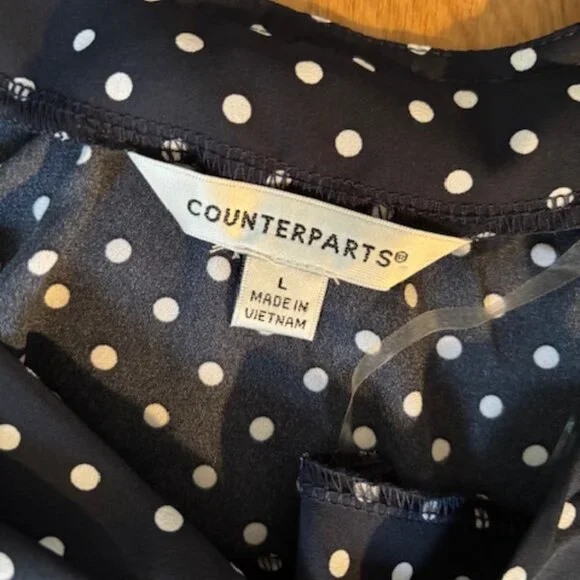 Counterparts NWT Short Flutter Sleeve Navy Polka Dot Blouse Top Large - Picture 5 of 7